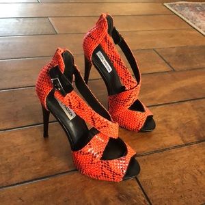 Neon coral snakeskin strappy stiletto